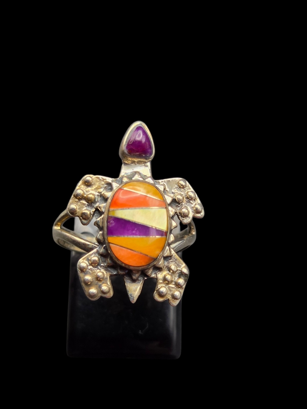 Sterling Silver Turtle Inlay Ring with Orange and Purple Spiny Oyster Stone 6